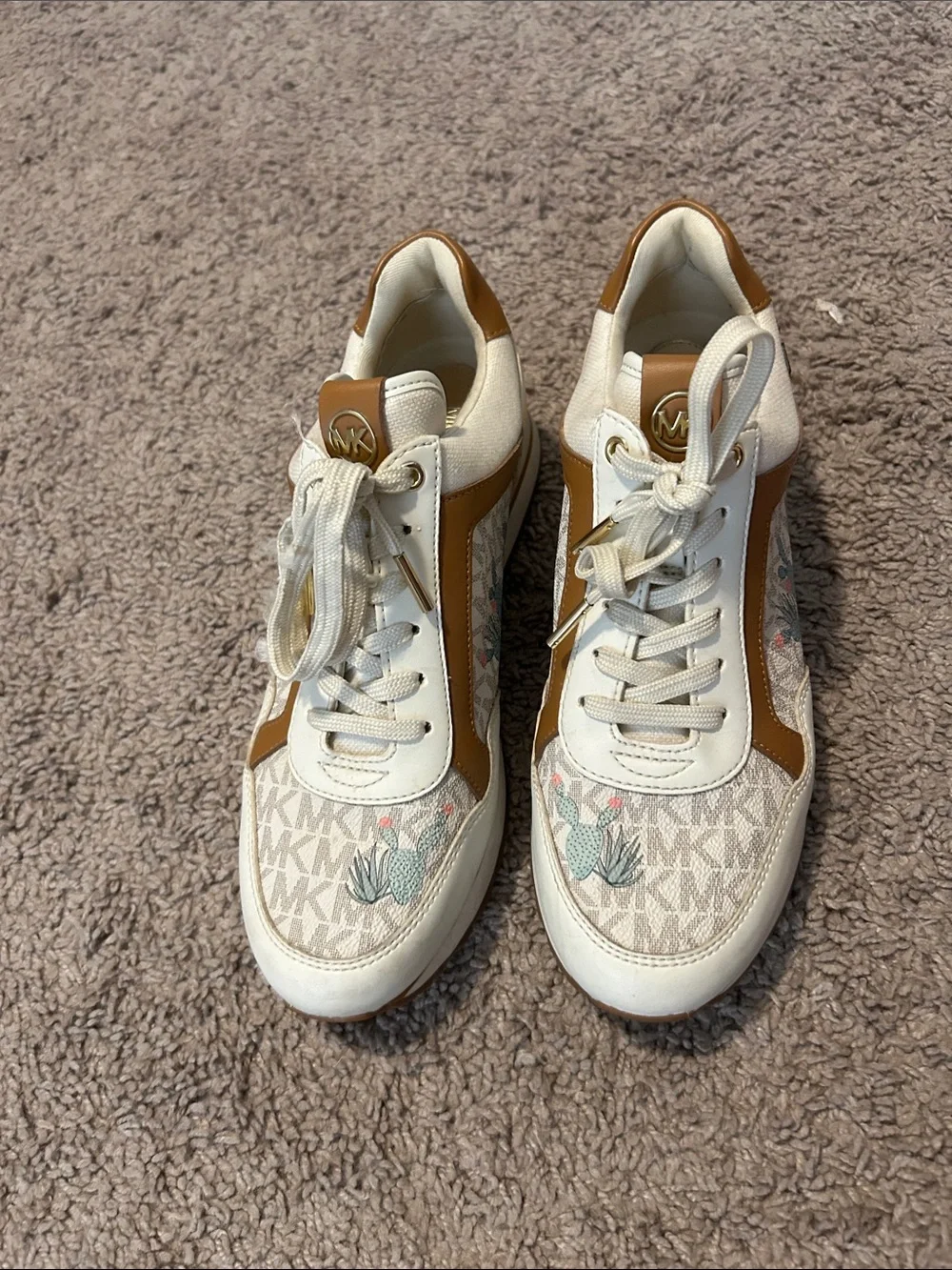 Michael Kors Cream & Brown Logo Sneakers with Floral Accents